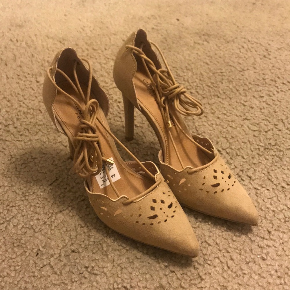 Nude strappy velvet heels